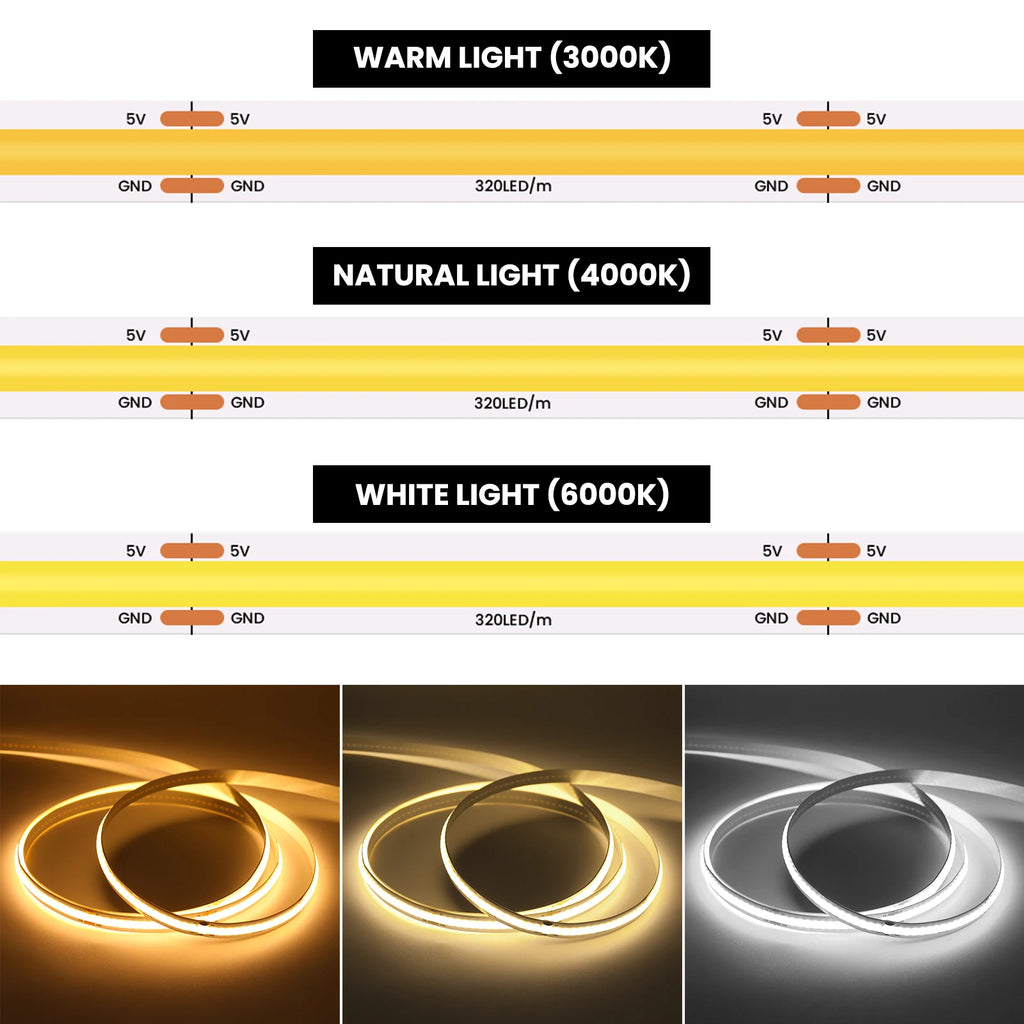 USB Dimmable COB LED Strip Light 3MM 5MM 8MM RA90 High Density 320LEDs/M 3000K 4000K 6500K FOB Flexible Ribbon Tape Rope Lamp