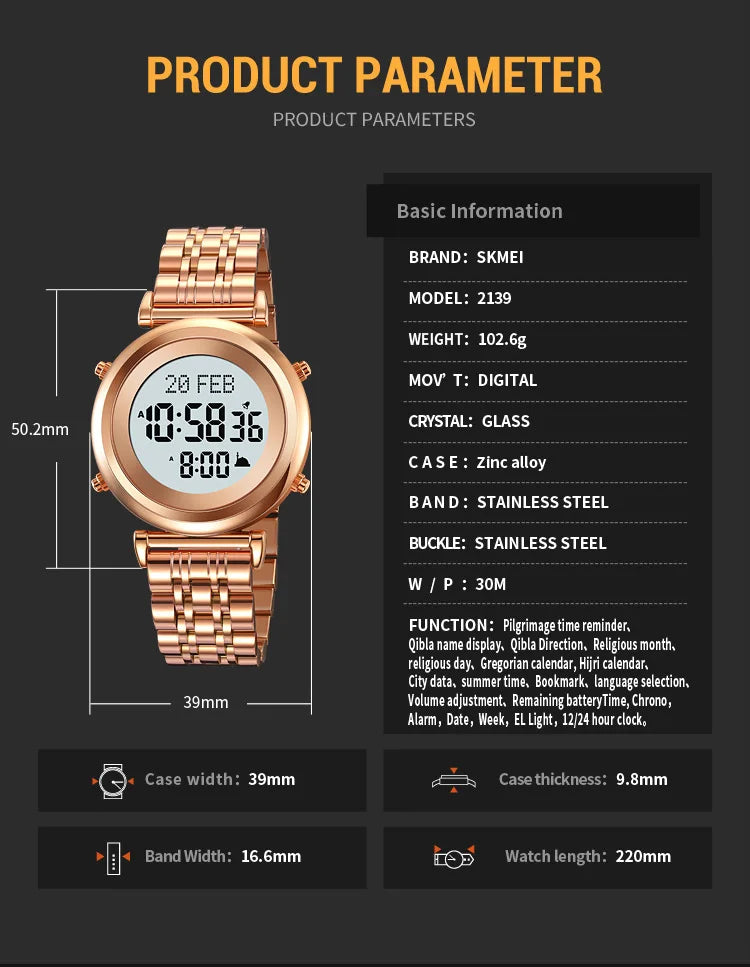 Muslim Azan Digital Watch Mens Back Light Waterproof Steel Hijri Islamic Wristwatch Prayer Qibla Compass Alarm Clock