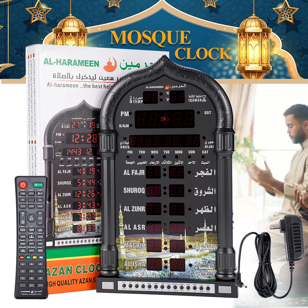 12V Azan Mosque Mosque Clock Calendar Muslim Prayer Wall Clock Alarm Islamic Mosque Azan Calendar Ramadan Home Decor Wall Clock