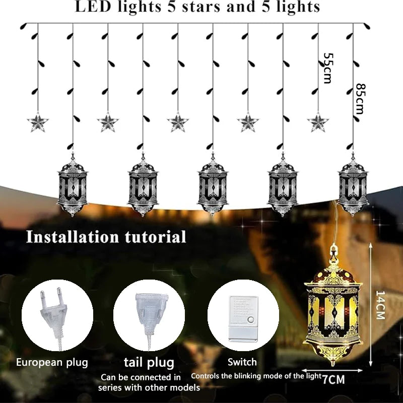 3M 10LED EU Plug Star Lamp Curtain, Ramadan Lamp for Bedroom, Home & Outdoor, Eid Party Decoration