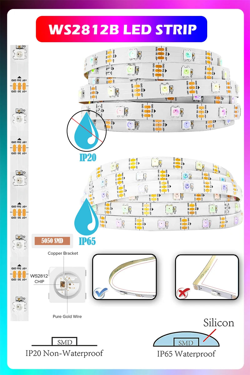 TUYA LED Strip Lights WS2812 RGBIC Addressable Strip Light with Chasing Effect Wifi USB 5V Smartlife Dreamcolor For TV Bedroom
