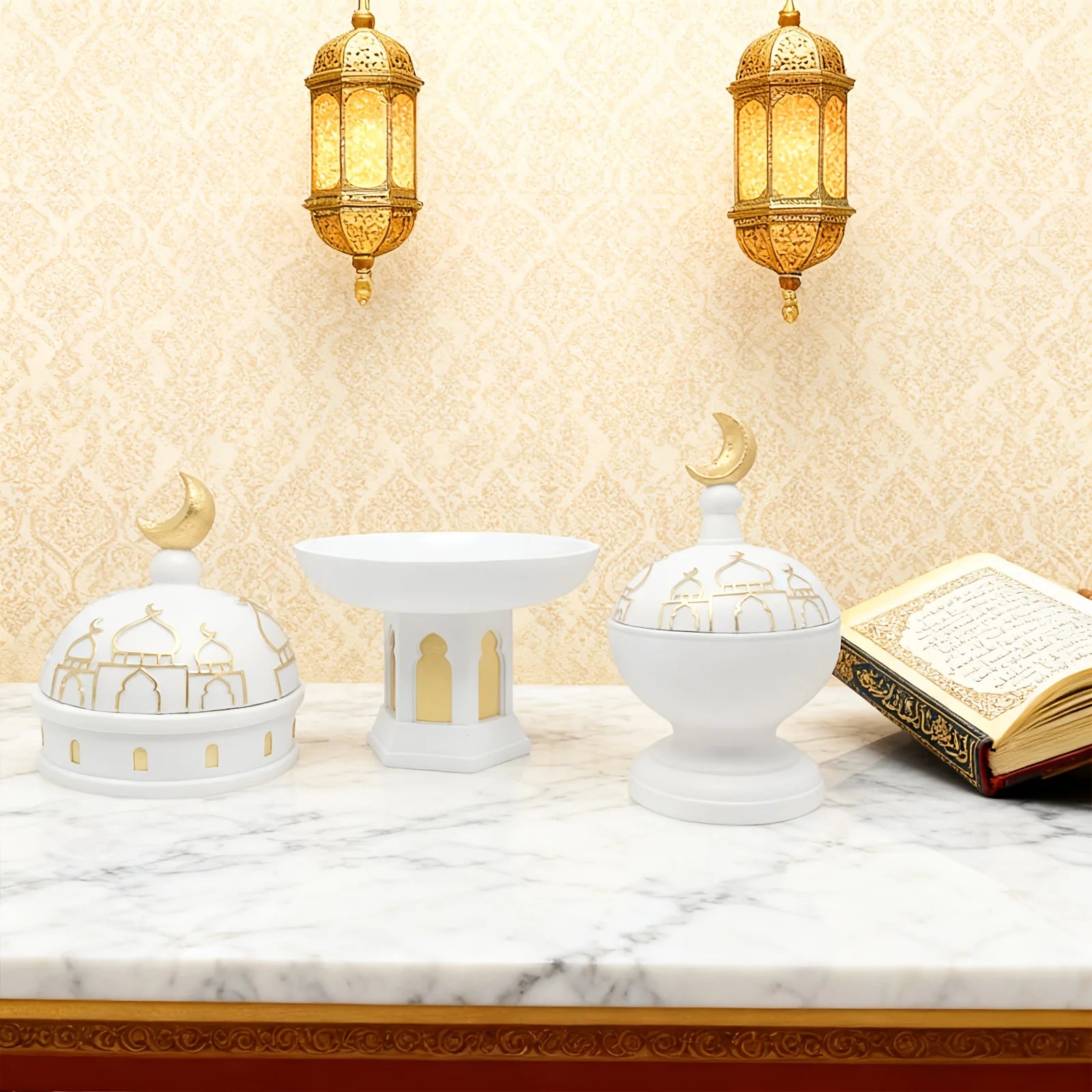 Islamic Ramadan Decor Set - Prayer Table & Shelf Ornaments Featuring Blessing Symbols Resin Material Muslim Home Decor