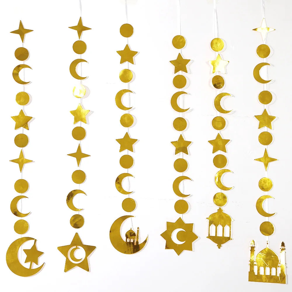 Gold Star Crescent Castle Hanging Garland - Ramadan Eid Party Decor - Moon Festival Streamer Ornament