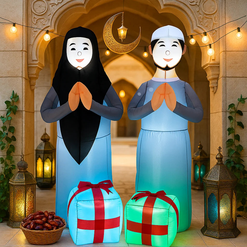 6FT Ramadan Muslim Themed Inflatable Praying Figure Decor Blue Outfit Crescent Lantern Islamic Ramadan Inflatable For Yard