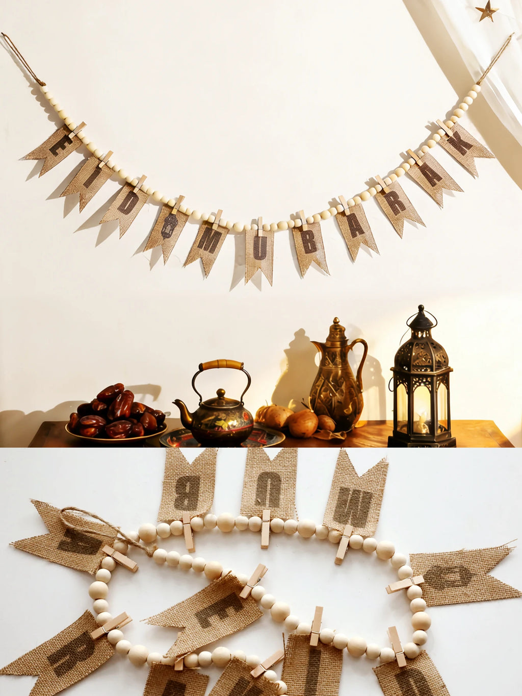 Eid Mubarak Burlap Banner Garland Wooden Bead Clothespin Hanging Ornaments for Muslim Festival Home Party Wall Window Decor Gift
