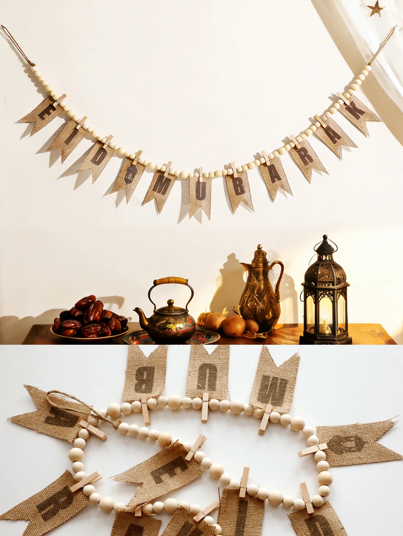 Eid Mubarak Burlap Banner Garland Wooden Bead Clothespin Hanging Ornaments for Muslim Festival Home Party Wall Window Decor Gift