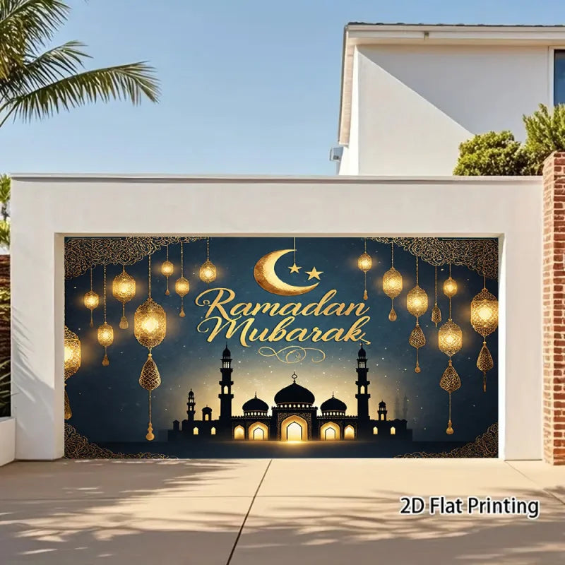 1pc2DflatRamadan Mubarak Moon and Stars Banner ，With gold lanterns，New Moon and Star Design，No Power Supply Required