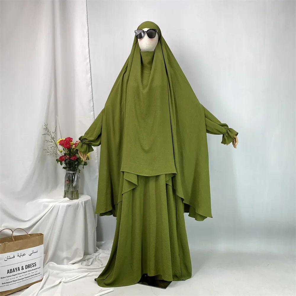Dubai Turkey Kaftan Eid Ramadan Overhead Khimar Burqa Muslim Women Prayer Dress Set 2PCS Niqab Abaya Islamic Jalabiya Djellab