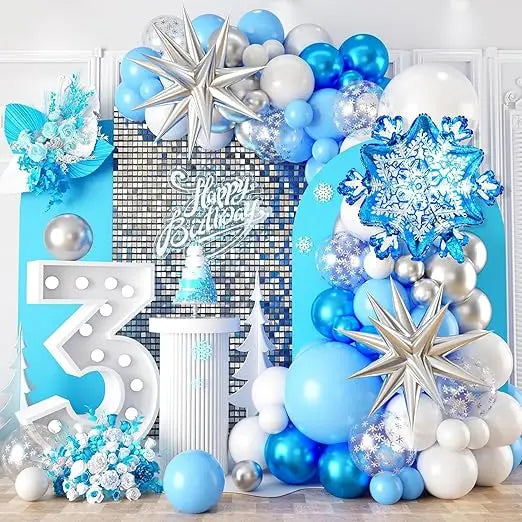 Snowflake Balloon Garland Arch kit, Silver Blue White Balloon Arch With Snowflake Foil Balloons for Winter Fantasy Holiday Chris