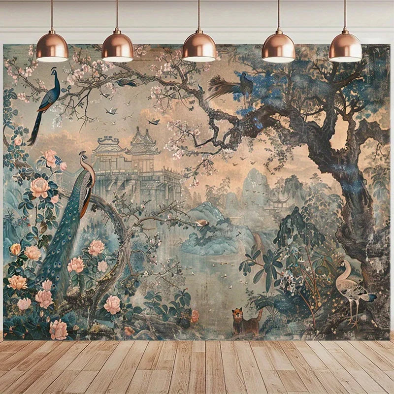 1pc Peacock Garden Tapestry, Art Flower Wall Hanging Art Deco Style Tapestry for Bedroom Living Room Decor 100x230cm