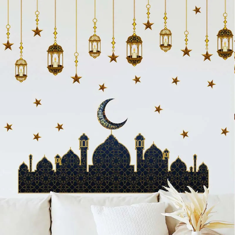 Ramadan Kareem Wall Stickers Moon Star Lantern Wall Decal 2024 Eid Mubarak Decorations for Home Muslim Islamic Party Decorations