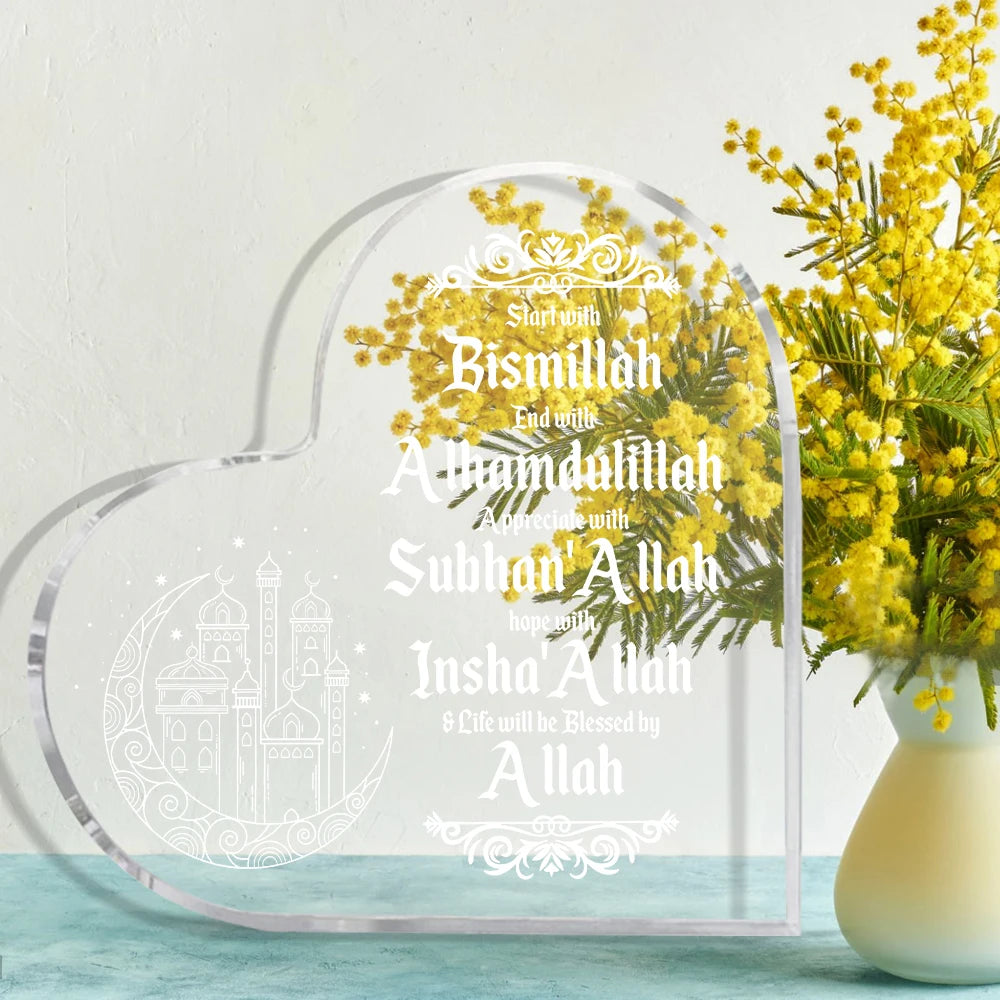 1pc Islamic Acrylic Desktop Decor Ornament - Heart Shaped Elegant Eid Mubarak Logo With Arabic Ramadan Theme - Inspirational