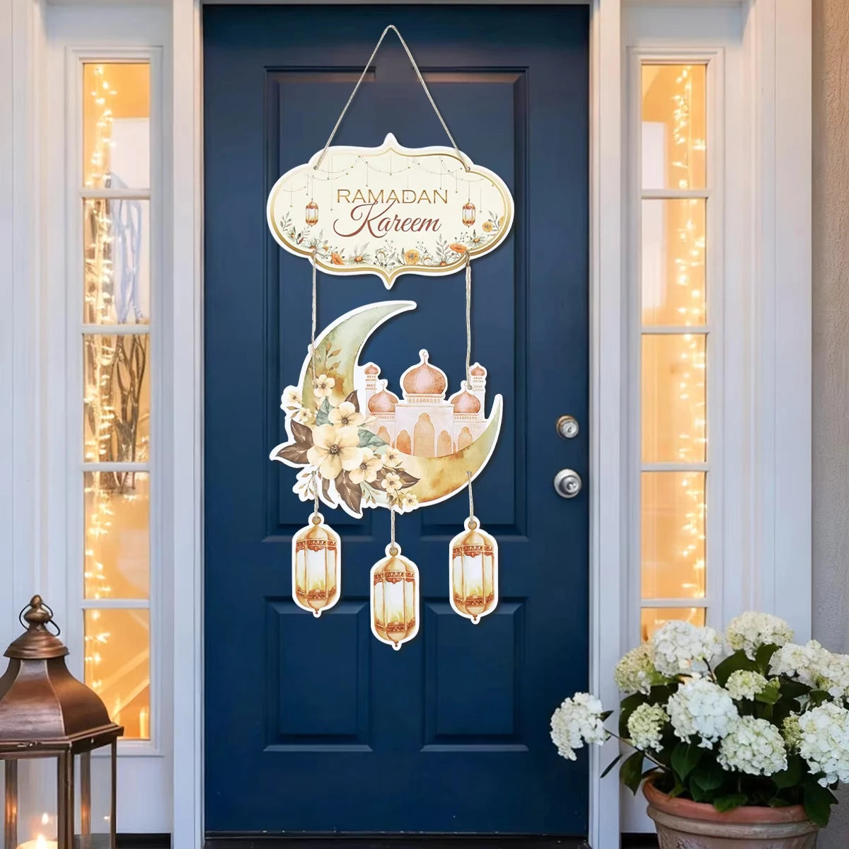 Lantern Welcome Sign Diy Ramadan Door Hanger Eid Mubarak Hanging Sign Gold Moon Castle Decoration For Islamic Festival Party