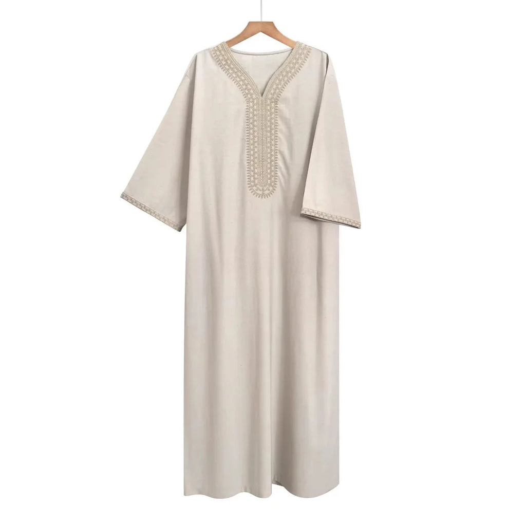 2025 New High-end Embroidered Thobe Men's Clothing Muslim Mid-sleeve Linen Robe with Pockets Ramadan Dubai Luxury Islam Elegant