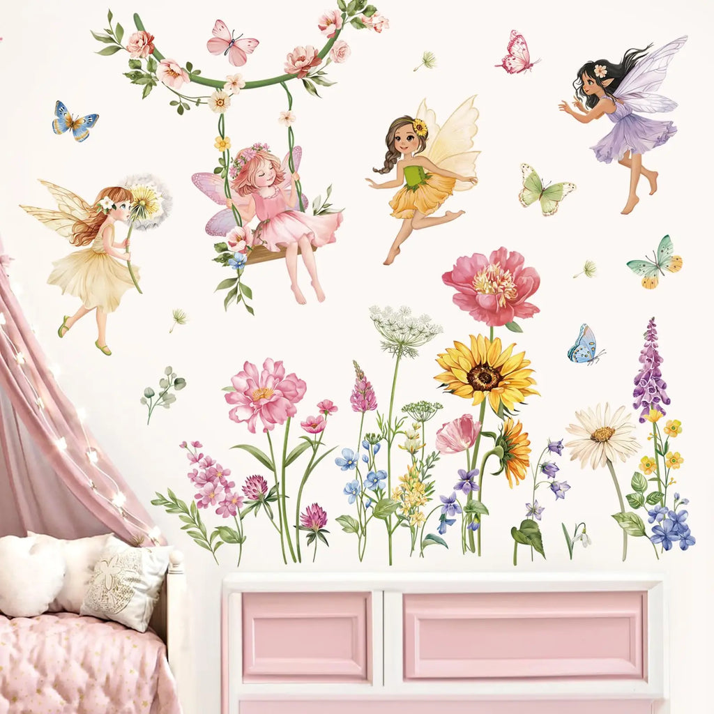 Cartoon Flower Fairy Swing Wall Decals Children Bedroom Butterfly Wildflower Sunflower Wall Stickers Baby Nursery Kids Decor