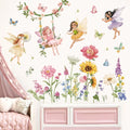 Cartoon Flower Fairy Swing Wall Decals Children Bedroom Butterfly Wildflower Sunflower Wall Stickers Baby Nursery Kids Decor