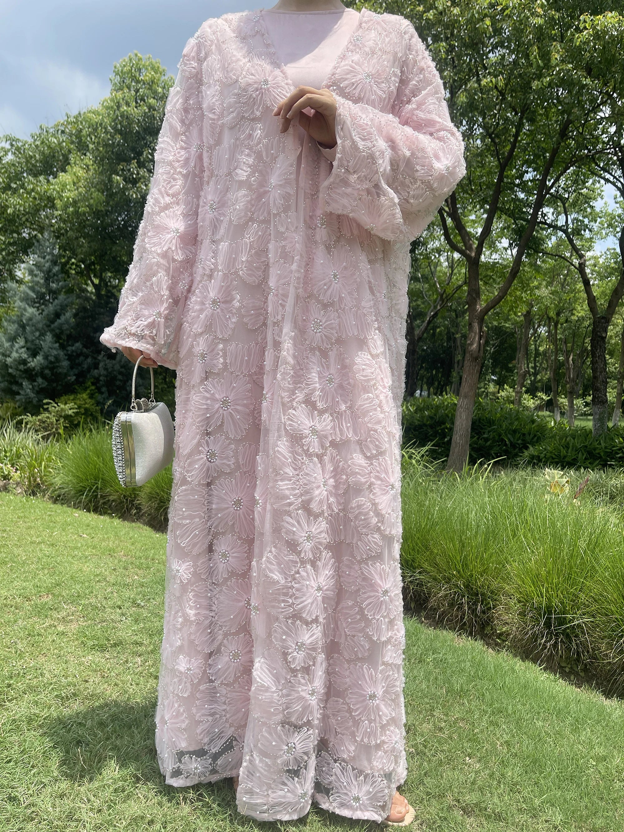 Muslim Women Two-piece Set Floral Beaded Abaya and Satin Inner Dress MSL881