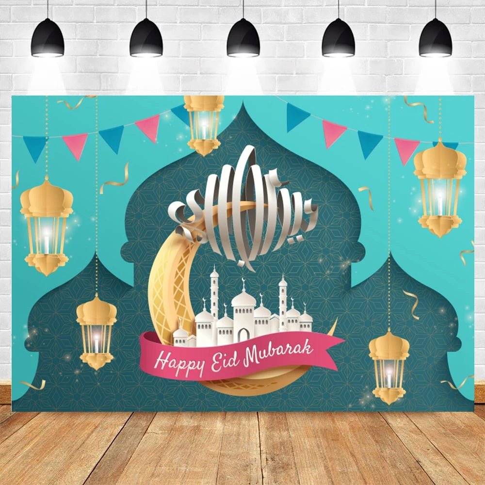 Ramadan Kareem Photography Backdrop EID Mubarak Islamic Mosque Lamps Moon Star White Cloud Photo Background Studio Poster Decor