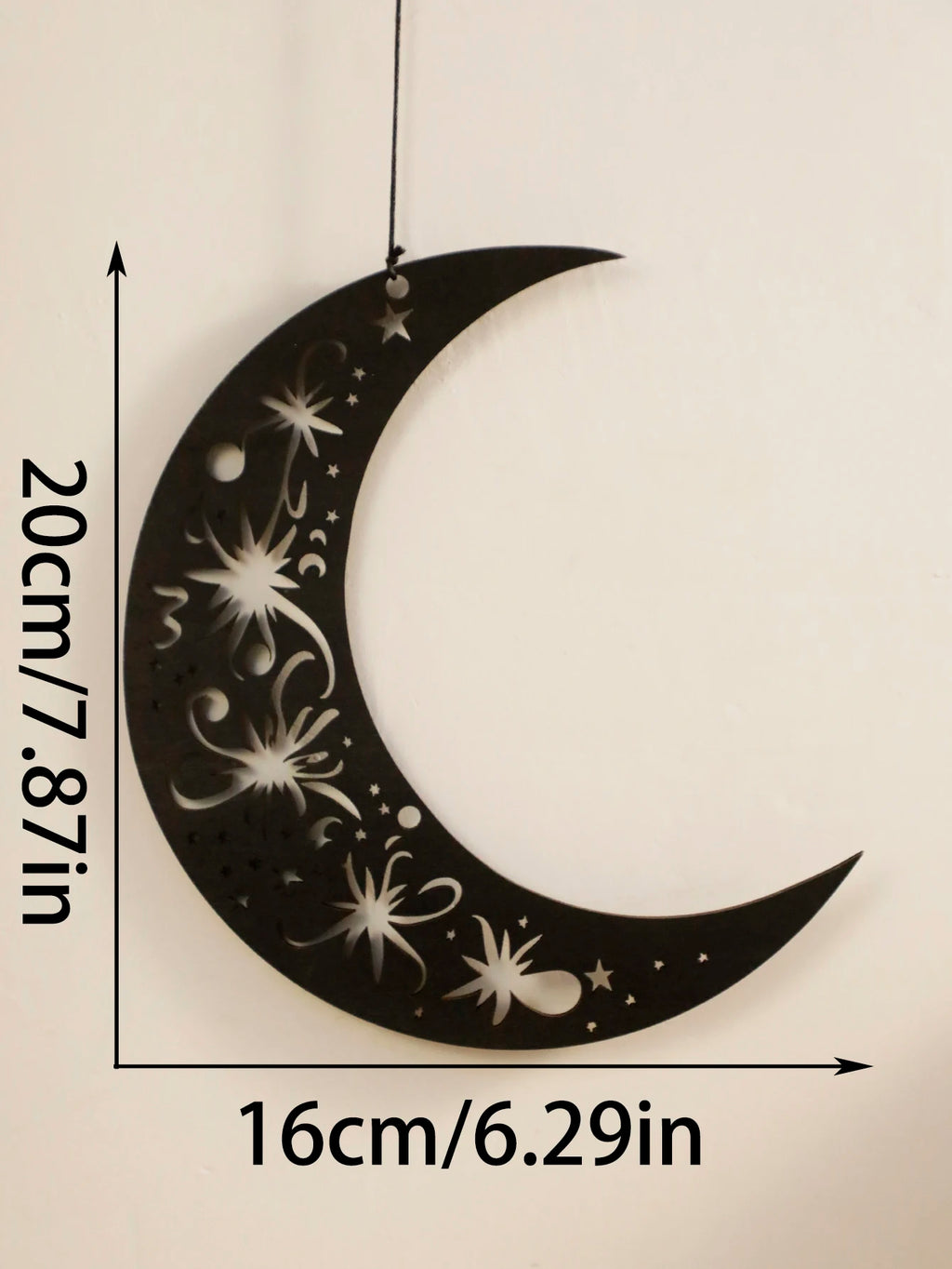 Wooden Wall Decor - Black Wooden Crescent Moon with Star Cutouts , Hanging Lanterns for Ramadan Eid, Islamic Festival Home Decor