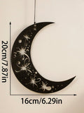 Wooden Wall Decor - Black Wooden Crescent Moon with Star Cutouts , Hanging Lanterns for Ramadan Eid, Islamic Festival Home Decor