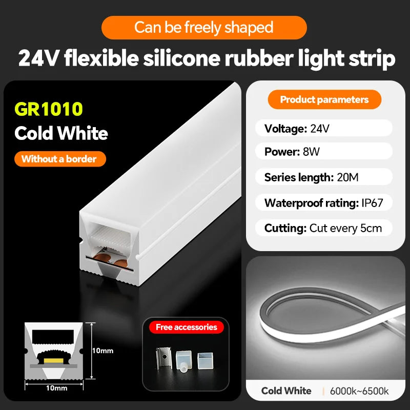 LED silicone light strip, linear light strip, embedded, 24V, waterproof, flexible, curved shape light
