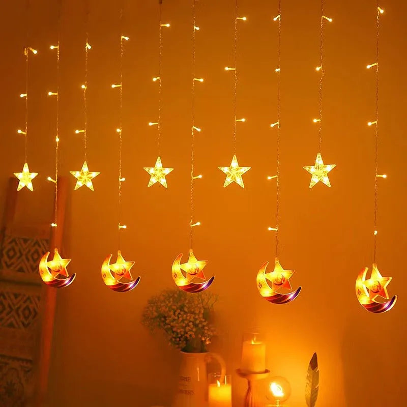 2026 Eid Al-Fitr Mubarak LED String Lights Moon Stars Curtain String Lights Islamic Ramadan Kareem Decoration for Home Garden
