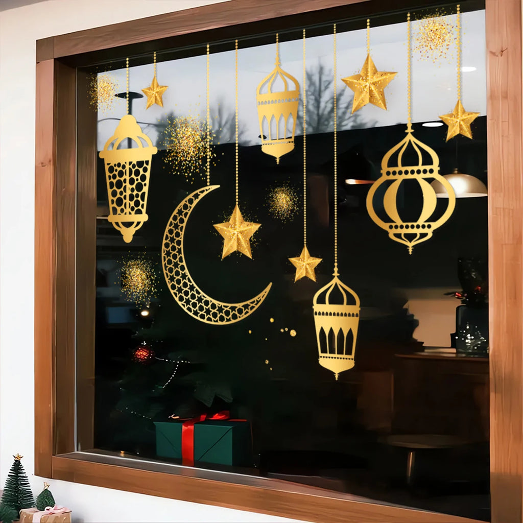 Ramadan Festival Stickers Star Moon Light Shadow Gold-Vermeil Wishing Removable Static Cling Home Decor Stickers
