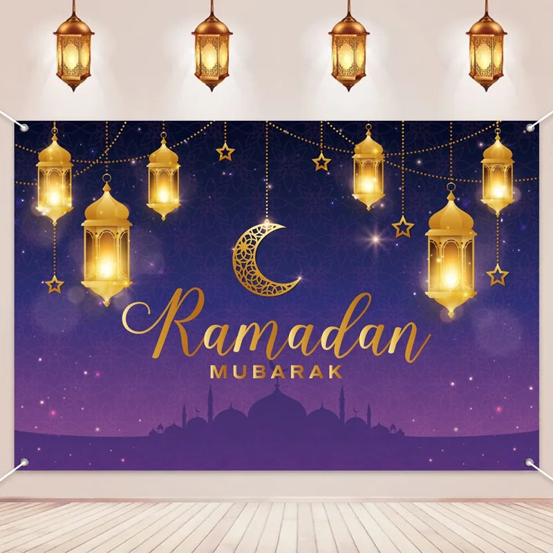 Ramadan Kareem Backdrop Photo Booth Background With Moon Star Castle Pattern Eid Mubarak Background for Backyard Al-fitr Gift