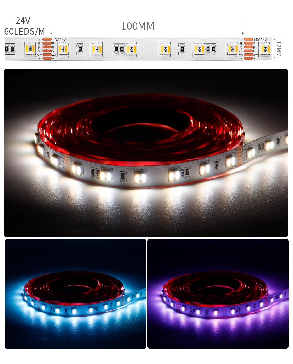 5m 5050 SMD RGBCCT 5 IN 1 LED Strip Light 60/96Leds/m RGB+CW/WW RGBWC Color Temperature High Brightness Lamp Tape DC12V/24V