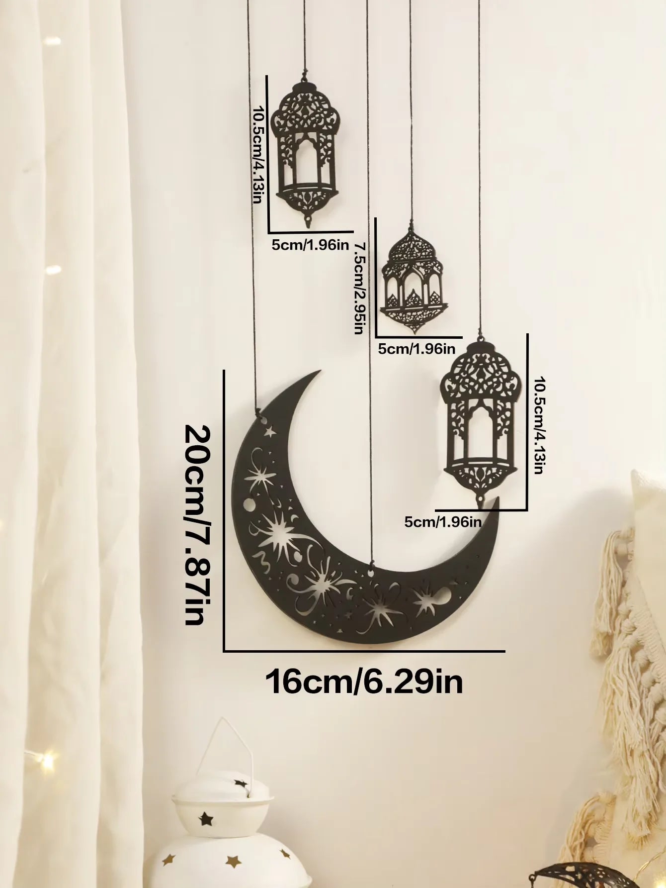 Wooden Wall Decor - Black Wooden Crescent Moon with Star Cutouts , Hanging Lanterns for Ramadan Eid, Islamic Festival Home Decor