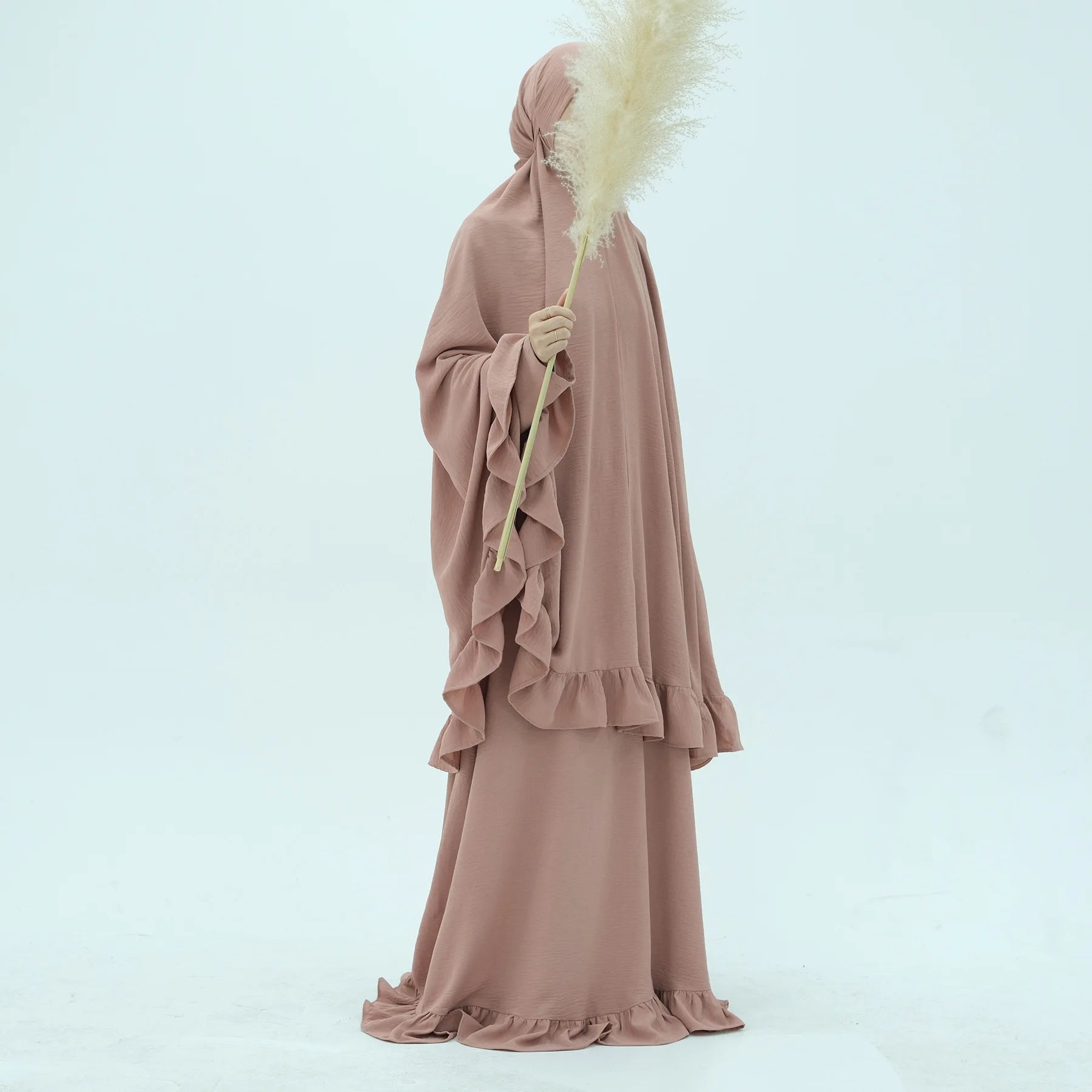 Muslim Set Hijabi Ruffles Jilbab 2 Piece Set Extra Long Khimar Scarf  Abaya Dress Dubai Muslim Women Islamic Prayer Clothes Suit