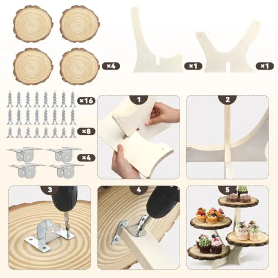 4 Tier Round Natural Wood Cupcake Dessert Stand Cup Cake Tower Stand Holder Wooden Cake Display Tiered Centerpiece for Party Bi