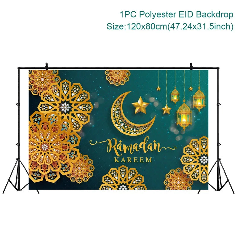 Ramadan Kareem Backdrop Photo Booth Background With Moon Star Castle Pattern Eid Mubarak Background for Backyard Al-fitr Gift