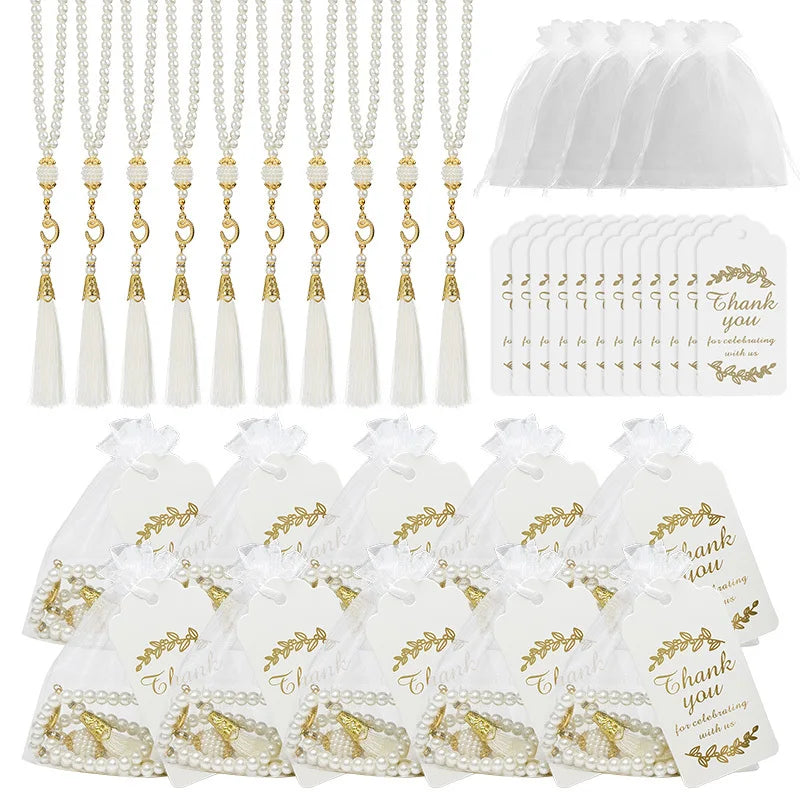 15/30Pcs EID Mubarak Glass Pearls Tassel with Bags and Paper Tag Muslim Islam Prayer Beads Bracelet Hanging Ornament Party Gifts