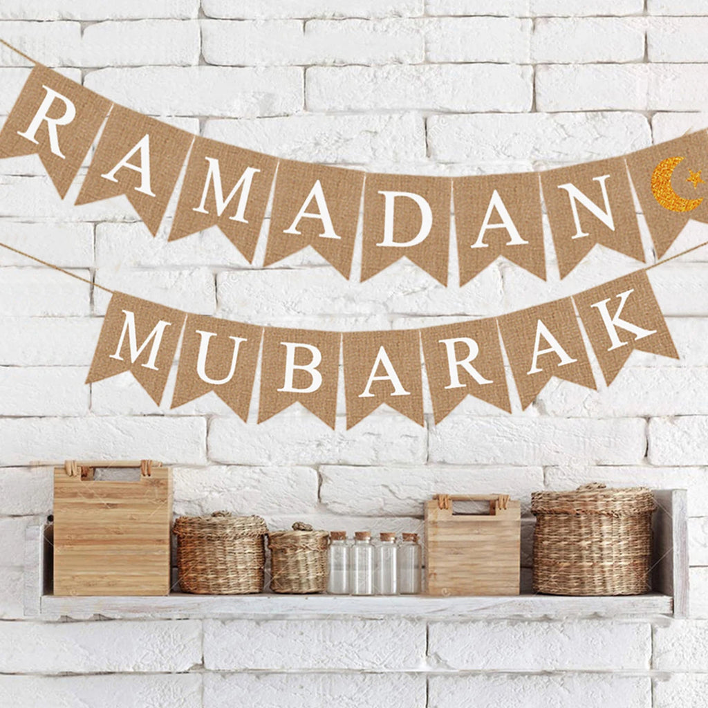 Eid Mubarak Linen Banner Garland Moon Star Hanging Ornaments Islamic Muslim for Home Ramadan Decoration Festival Party Supplies