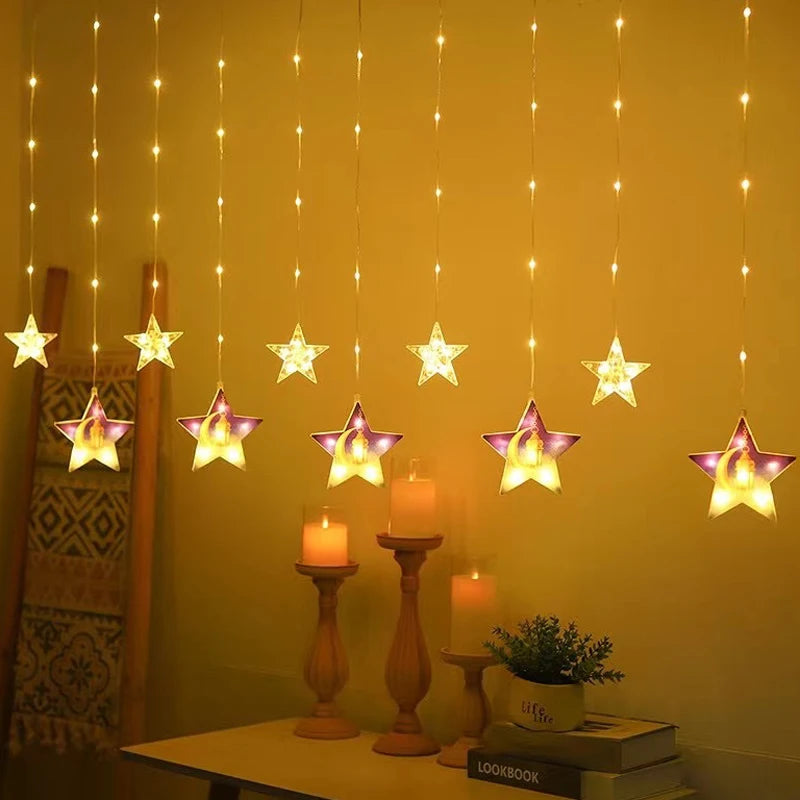 2026 Eid Al-Fitr Mubarak LED String Lights Moon Stars Curtain String Lights Islamic Ramadan Kareem Decoration for Home Garden