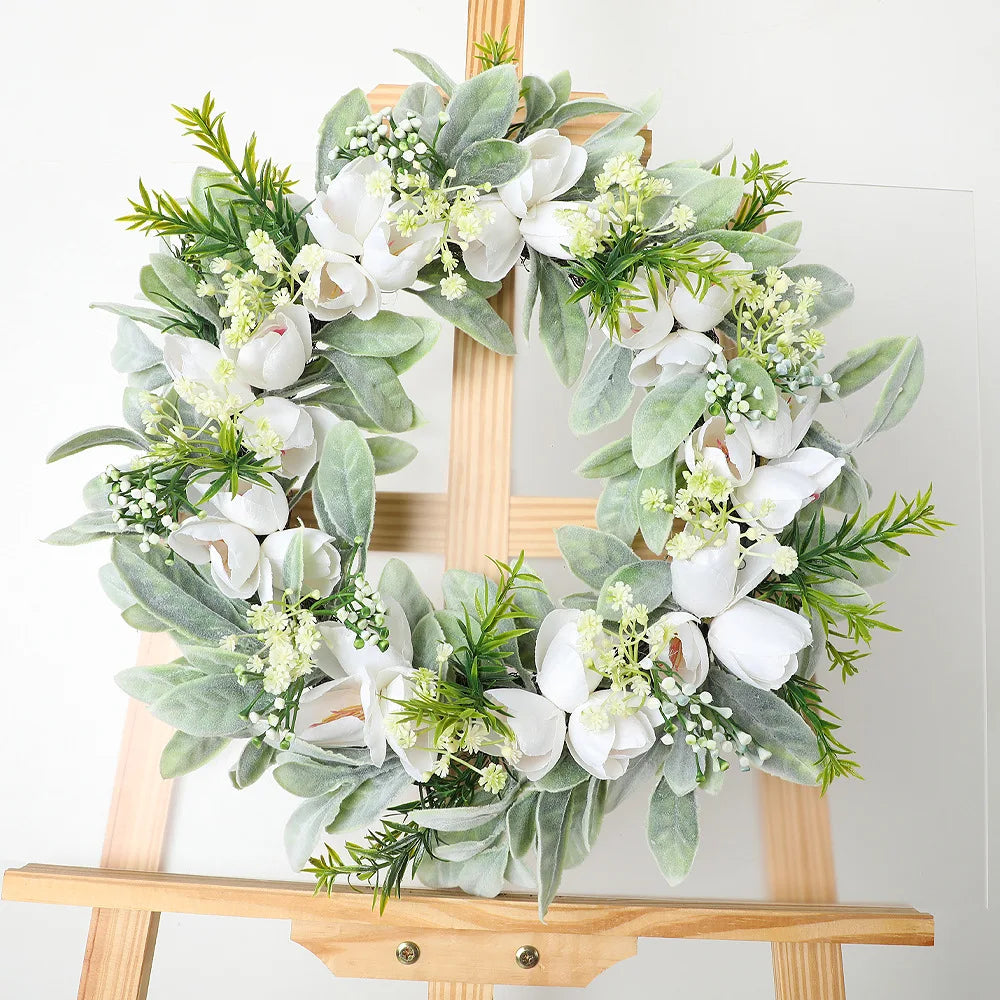 YeeNanee Vibrant Wild Flowers Spring Wreaths for Front Door Artificial Daisy Tulip Lambs Ear Summer Wreath Home Wall Decoration