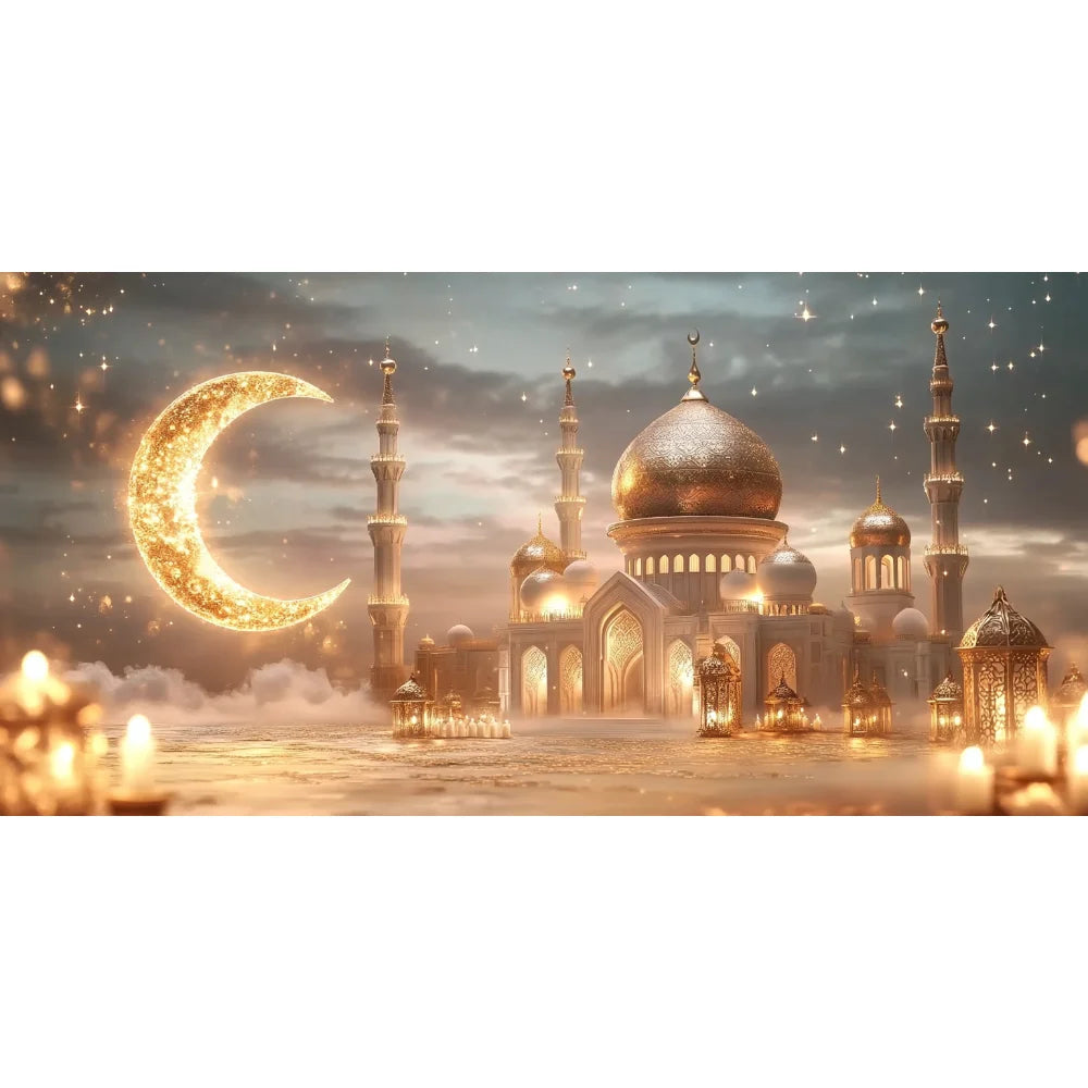 Golden Moon Eid Mubarak 2025 Decor Banner Background Lights Ramadan Kareem Islamic Building Muslim House Party Photo Backdrop