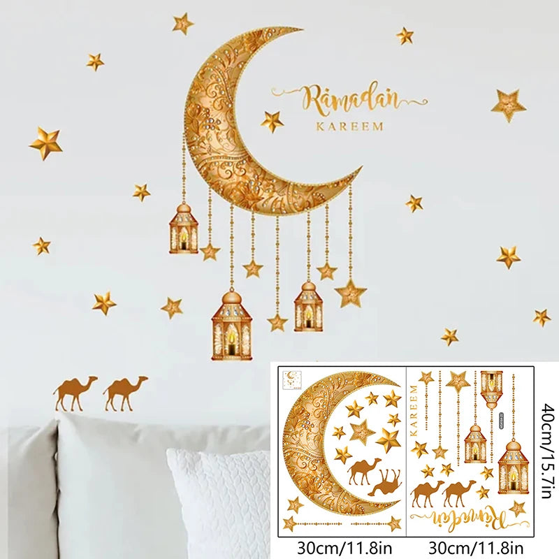 Eid Mubarak Wall Stickers Moon Star Lantern Ramadan Kareem Wall Decals Muslim Islamic Window Sticker Decorations for Home 2024