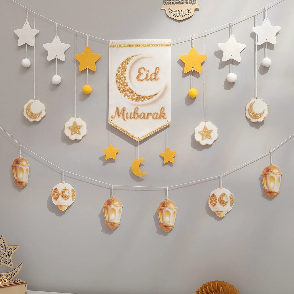 Ramadan Eid Mubarak Party Backdrop Wall Decoration Banner Moon Star Lamp Bells Tassel Hanging Accessories