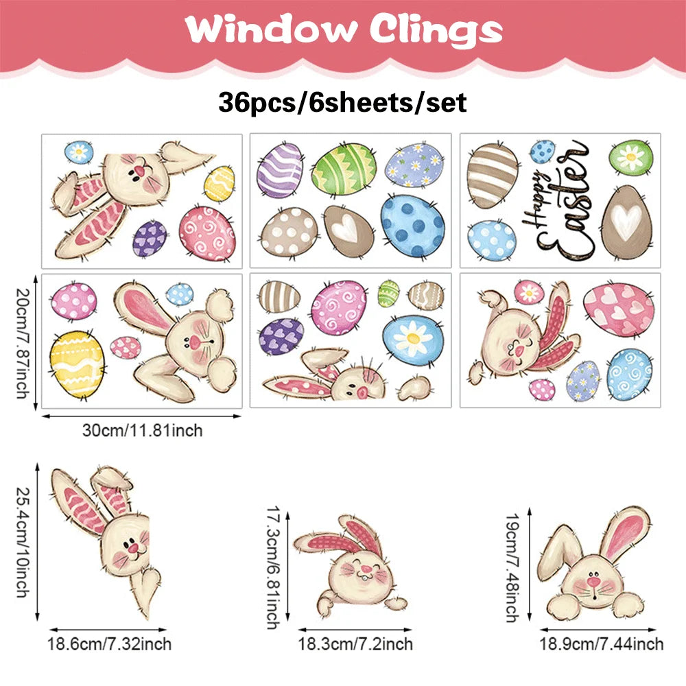 6 Sheets Happy Easter Decorations Window Clings Bunny Eggs No Glue Stickers Static Glass Decal Spring Party Home Decor Kids Gift