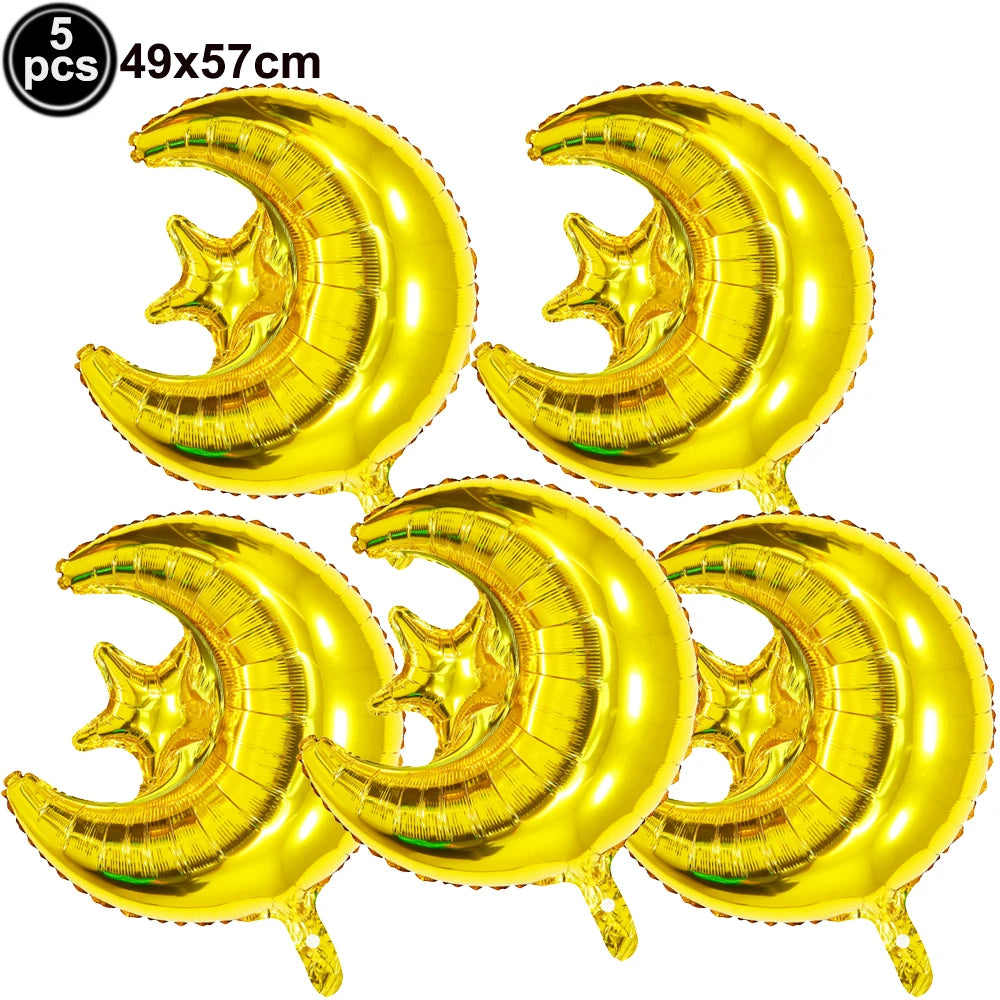 5pcs Eid Mubarak Balloons Decors Ramadan Lantern Moon Star Shape Moon Castle Pattern Foil Balloons Islamic Muslims Party Supplie