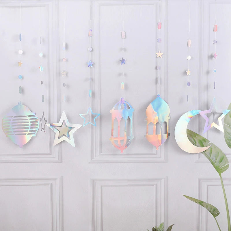 Ramadan Gold Silver Star Moon Lantern Hanging Streamer Garland Eid Mubarak Home Decoration 2025 Muslim Islamic Party Supplies