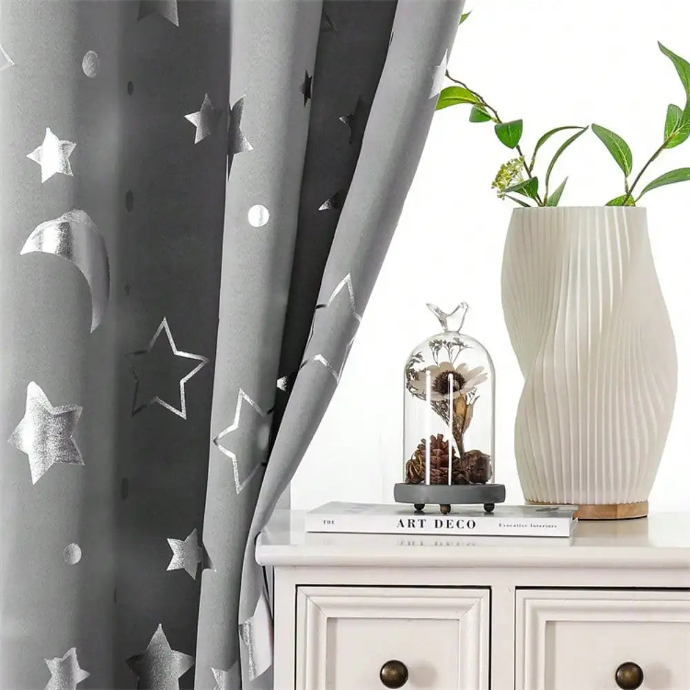 1pc Silver Pressed Star Moon Pattern Blackout Curtain, Window Curtains for Living Room, Bedroom, Kitchen, Home Decor