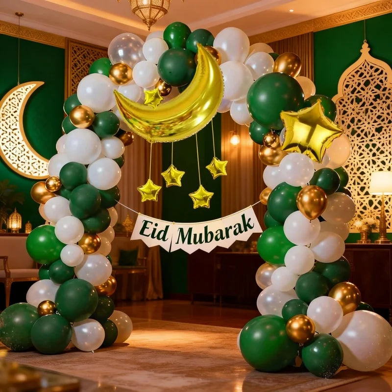 106Pcs Eid Mubarak Balloon Arch Kit, Dark Green Platinum Latex Balloons, with Moon Star Foil Balloon Decorations, for Ramadan Festival Party Decorations Eid Celebration Decorations