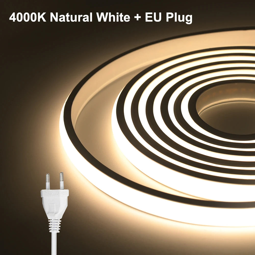 COB LED Strip Neon Light 220V EU UK Plug 288LEDs/M RA90 Flexible Tape Waterproof Led Ribbon for Kitchen Outdoor Garden Lighting