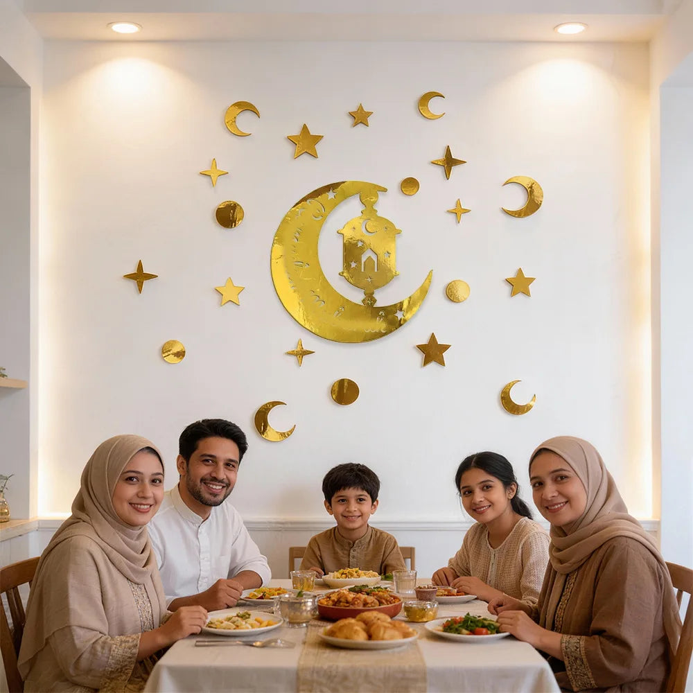 Ramadan Eid Moon Festival Party Decor - Gold Hollow - Star Crescent Letter Wall & Window Stickers