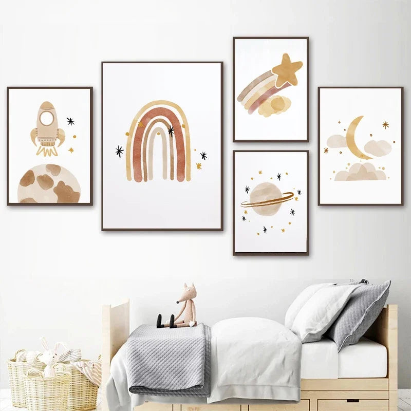 Nursery Wall Art Sun Stars Moon Earth Posters And Prints Children's Room Decoration Cartoon Universe Picture For Kid Room Poster