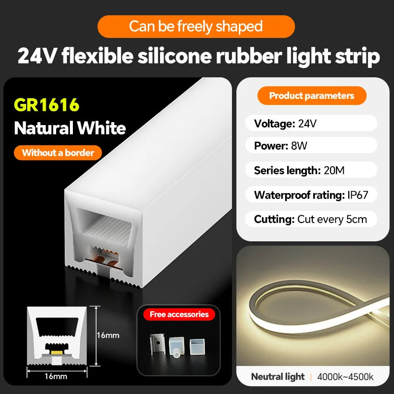 LED silicone light strip, linear light strip, embedded, 24V, waterproof, flexible, curved shape light