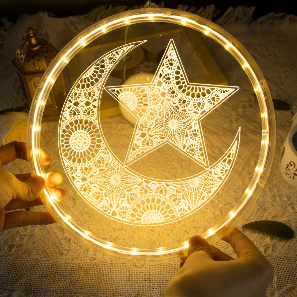 Ramadan Window Lights Eid Mubarak Decorations Moon Star Warm Lights Muslim Decorations for Door Home Eid Al Fitr Party Supplies